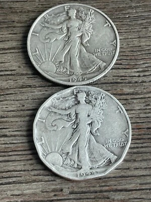 SILVER LIBERTY WALKING HALF DOLLAR COINS 1944D AND 1945D. 1944 IS AN ERROR COIN. - Image 1 of 2