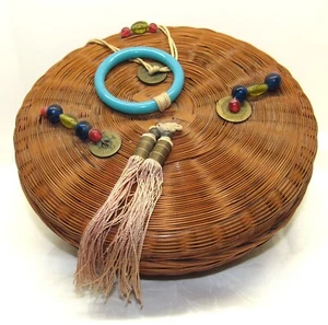 Antique Chinese Sewing Basket 1 Glass Bangle Ring- Coins Beads Tassels 7” X 3” - Picture 1 of 7