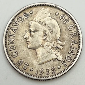 1939 Dominican Republic 25 Centavos KM#20 Silver .900 Third Republic USA Minted - Picture 1 of 2
