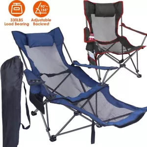Foldable Camping Lounge Chair Heavy Duty Steel Chair w/Reclining Backrest 330LBS - Picture 1 of 12
