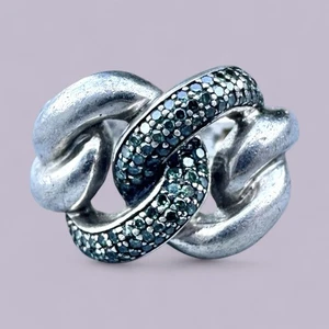 Sterling Silver Blue Diamond Chunky Chain Ring Link Pave Biker Glam 925 Size 5 - Picture 1 of 5