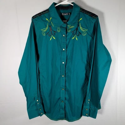 Camisa para mujer Cruel verde azulado bordada Western Snap manga larga encaje ribete XXL Foto 1 de 4