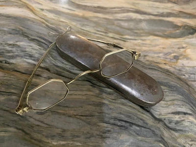 Antique 1850 - 1865 Octagon Shape Eyeglasses Victorian Sliding Temples w/Case - Image 1 of 4