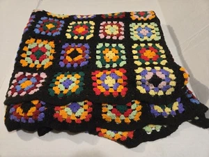 HANDMADE Crochet Black GRANNY SQUARE AFGHAN Roseanne Cottage core 60X70 VTG - Picture 1 of 1