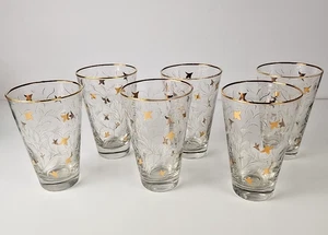 Gobelet en verre plat vintage 6 pièces Libbey Royal Fern Golf Leaf 13 oz bord doré 5,25 pouces - Photo 1/15