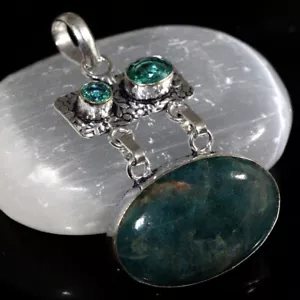 925 Silver Plated Blue Apatite Green Topaz New Design Pendant Size 2.2" GW - Picture 1 of 3