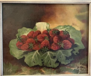 Antique American Primitive Fruit Still Life Oil Painting, By M Haydn - Picture 1 of 11
