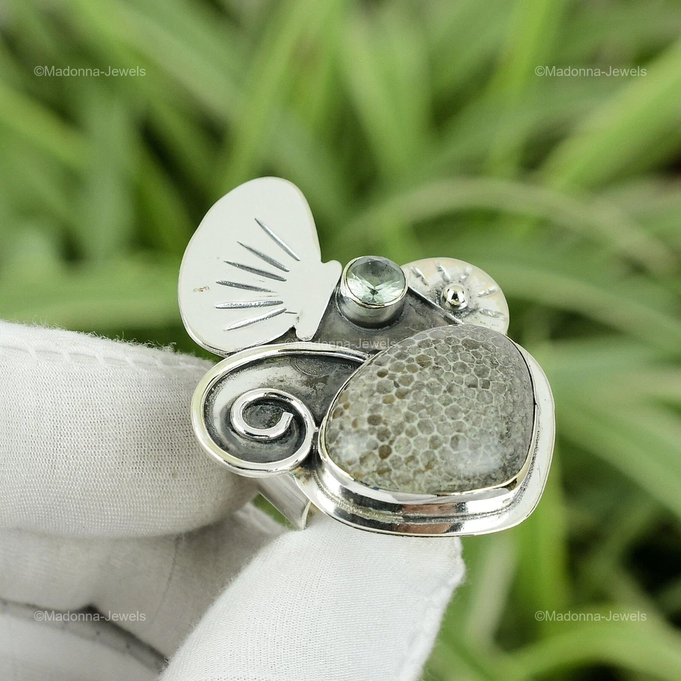 Nuevo anillo llamativo de plata esterlina 925 natural coral raya topacio azul suizo Foto 1 de 4