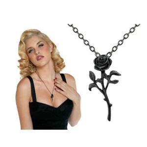 BLACK ROSE NECKLACE Gothic Romantic 4cm Pendant 50cm Chain Biker Punk Goth NEW - Picture 1 of 5