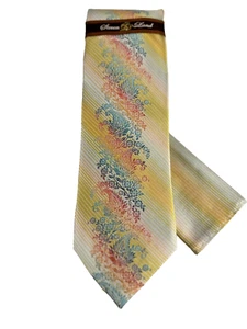 Steven Land Men's Tie & Hanky Gold Coral Turquoise Striped Paisley Big Knot Silk - Picture 1 of 4