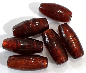 Venezianische Murano Glasperlen Perlen: 6 Rot-Orange & Gold Folie Wirbelrohr 22mm (#22) - Bild 1 von 6