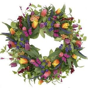 22 inch Spring Summer Wreath Tulip Wreath for Front Door with Purple Tassels - Picture 1 of 7