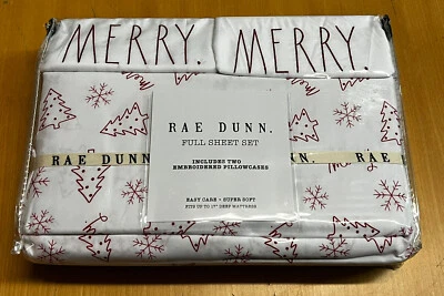 Rae Dunn “MERRY” Full Sheet Set Christmas Holidays Winter Bedding Red White Tree - Image 1 of 4