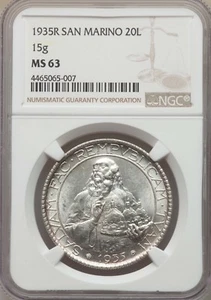 SAN MARINO 1935-R  20 LIRE SILVER COIN, CHOICE UNCIRCULATED, NGC CERTIFIED MS63 - Picture 1 of 2