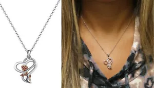 925 Sterling Silver Heart Rose Flower Pendant Necklace 18" Adjustable - Gift - Picture 1 of 4