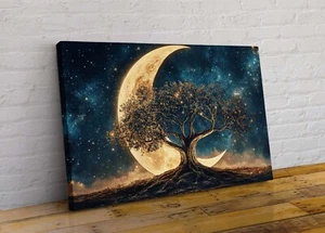 Tree of Life Gold Crescent Moon Stars Abstract Canvas Wall Art Picture Print - Picture 1 of 2