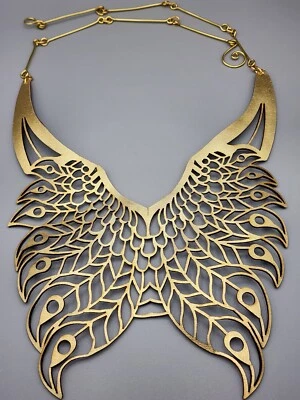Stunning Laser Cut Gold Leather Boho Necklace on Gold Tone Chain Butterfly Wings - Image 1 of 4