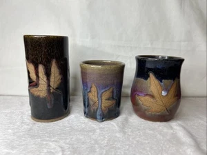 Lot 3 Alewine Pottery Drop Glaze Maple Leaf Cup Vessel Vase 2015-17 Signed - Picture 1 of 20