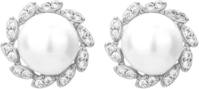 Silber Perlen Ohrringe - Hypoallergene Kleeblatt Stecker Mit Cubic Zirkonia, Mod - Bild 1 von 4