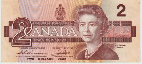 1986 Canada 2 Dollars Banknote - P# 94b - Thiessen / Crow - Fine - # 29730 Cover