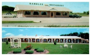 RAMBLER MOTEL and RESTAURANT Cameron, Missouri MO roadside split view - Postcard - Picture 1 of 2
