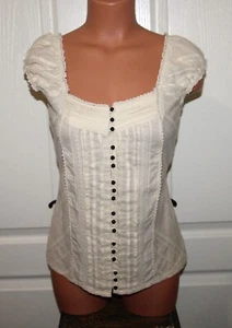 NWT! Pretty Cream SMALL Low Cut Pleated Button Front Peasant Blouse Top - Picture 1 of 8