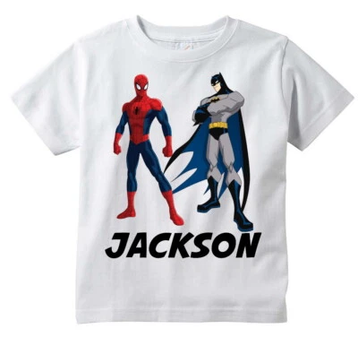 Camiseta Personalizada Spiderman & Batman Superhéroe PERSONALIZAR Cumpleaños Cualquier Nombre Foto 1 de 2