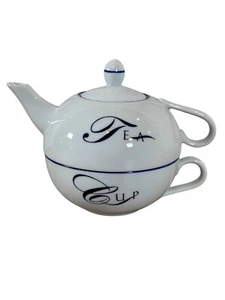 Vintage Andrea by Sadek Made In Japan Tea Pot W Cup White And Blue - Picture 1 of 7