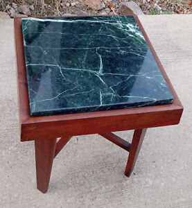 Mid Century Walnut Green Marble Top Plant Stand / Side Table (PS-189)