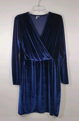 ASOS Blue Velvet Long Sleeve V-Neck Long Sleeve Dress Size 14 - Image 1 of 4
