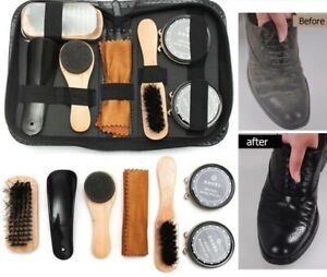 SHOE CLEANING CARE KIT SET FOR BROWN BLACK LEATHER WITH POLISH BRUSH TRAVEL CASE