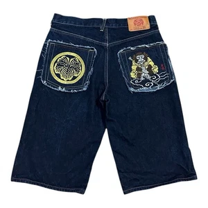 RMC Red Monkey Embroidered Shorts Men Size 34 (32x14) Skateboard Blue Denim Y2K - Picture 1 of 10