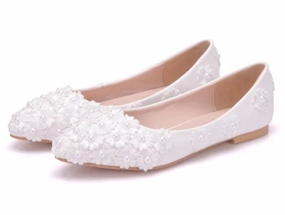 Women’s Crystal Flower Flat Shoes – Pointed Toe Bridal Party Pumps - Image 1 of 4