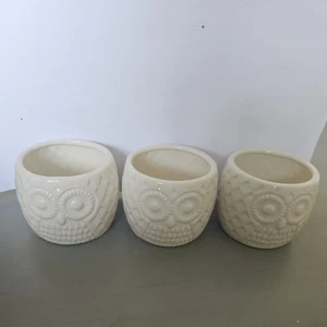 3 kleine Eulen Pflanzgefäße oder Teelichthalter weiß Cottagecore 2,5" hoch skurril - Bild 1 von 5