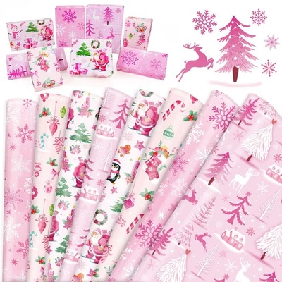 HOWAF Pink Christmas Wrapping Paper 8-Pack: Tree, Reindeer & Snowflakes for Gifts