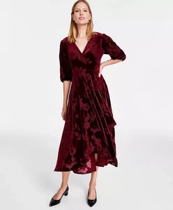 Neu mit Etikett Calvin Klein Midi-Kleid Samt Puffärmel Ballonärmel V-Ausschnitt kaffeebraun 6 - Bild 1 von 7