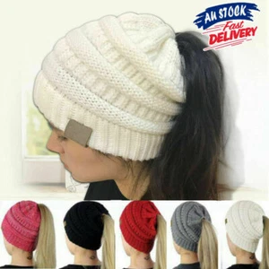 Womens Girl Stretchy Knit Hat Messy Bun Ponytail Beanie Holey Warm Caps Winter - Picture 1 of 22