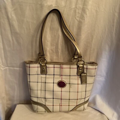Coach Womens Metallic Trim Peyton Tattersall Plaid Tote Handbag White Multi - Image 1 of 4
