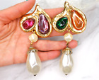 HIGH+END+80S+VTG+MOGUL+PINK+LUCITE+HEART+CHUNKY+PEARL+4%22+DROP+EARRINGS+XL+FRENCH