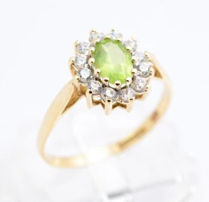 Vintage 9 kt Gold Damen grüner Peridot Halo Ring mit CZ gepunzt Größe O - Bild 1 von 11