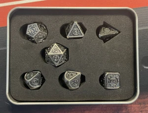 7pcs Polyhedral Metal Dice Set - Silver Gear Theme/Color - D4 through D20 - DND - Picture 1 of 9