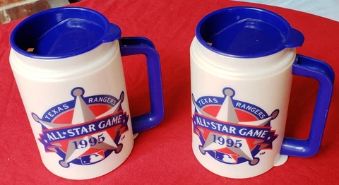 2 WHIRLEY TEXAS RANGERS 1995 ALL STAR GAME Plastic Insulated Thermal Mugs & Lids Cover