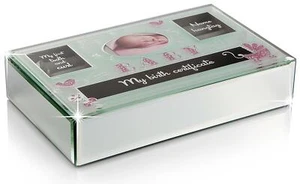 Baby Girl Erinnerungsbox aus Glas, verspiegelt mit Fotorahmen, Rosa für Mädchen - Bild 1 von 3