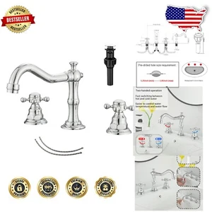 Durable Brass Widespread Bathroom Faucet Set with Pop Up Drain & Water Lines - Picture 1 of 11