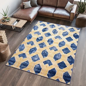 Wohnzimmer Teppich Modern Kurzflor Raute Muster Dunkelblau 3D Optik ÖKOTEX - Bild 1 von 8