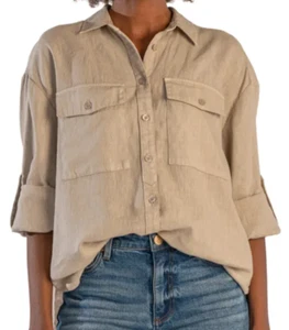 Kut From The Kloth Women's 100% Linen Beige Button Down Work Shirt Size M NWT - Picture 1 of 4