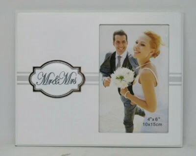 Wedding Photo Frame MR & MRS 4" x 6" Mirror White Silver  Bridal Present Gift  - Image 1 of 4