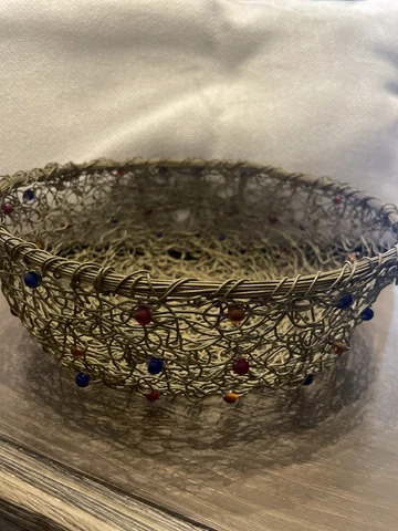 Vintage Handmade Woven Metal Round Bread/Fruit Basket with Colored Beads Unique Cover