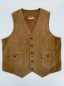 Vintage Levi’s Leather Vest Men XL Beige Tan Suede Orange Tab Western 60s 70s - Picture 1 of 8