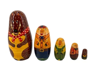 India Nesting Dolls Three Little Pigs and Wolf Set of 5 - Picture 1 of 8